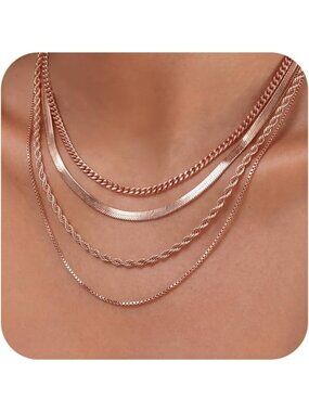 Women's Necklace Rose Gold Non Tarnish Chunky 14k Gold Plated Layered Necklaces